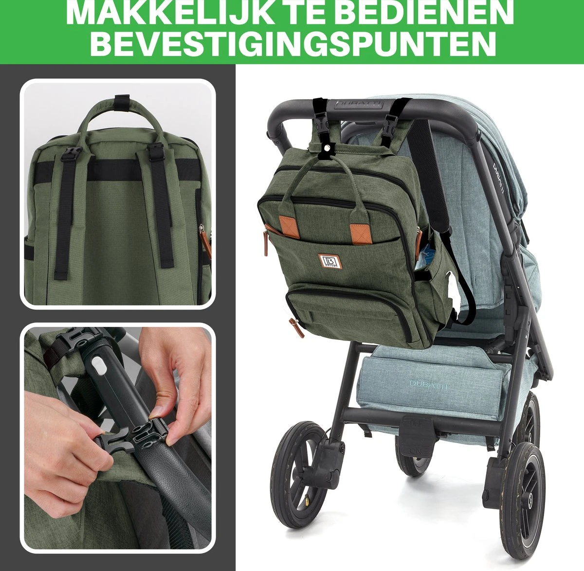 Brisby Slijtvaste Luiertas – Verzorgingstas – Met Buggymontage - Groen - Afbeelding 2
