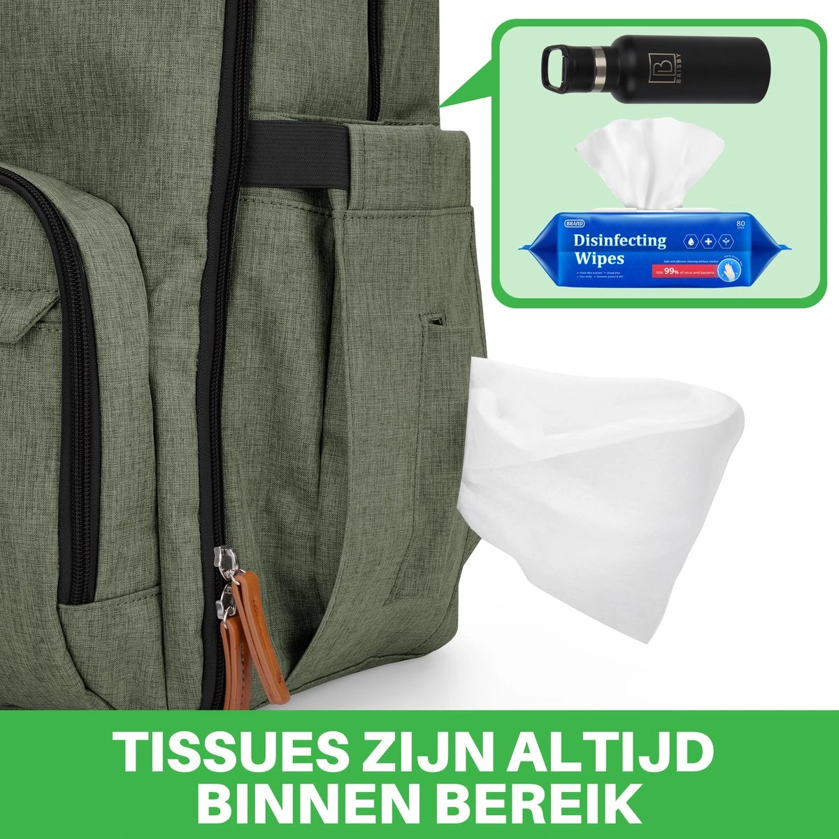 Brisby Slijtvaste Luiertas – Verzorgingstas – Met Buggymontage - Groen - Afbeelding 11