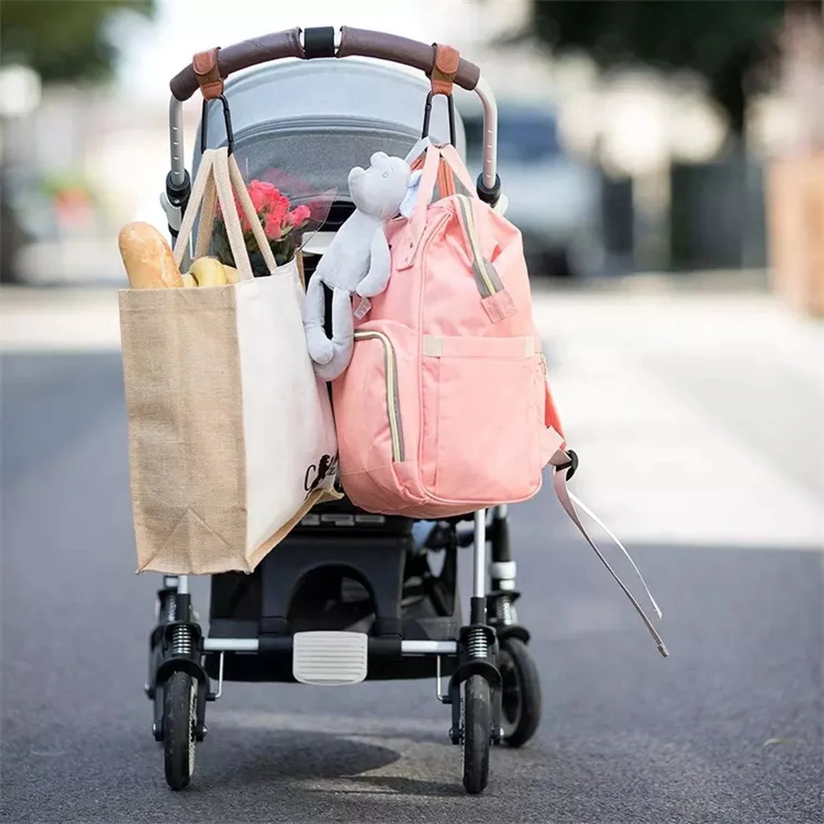 Jinius ® - Boodschappen Haak - Kinderwagen Tassenhaakjes - Haakjes Voor Tassen - Buggy Haakjes - Bruin - Set Van 2 - Afbeelding 3