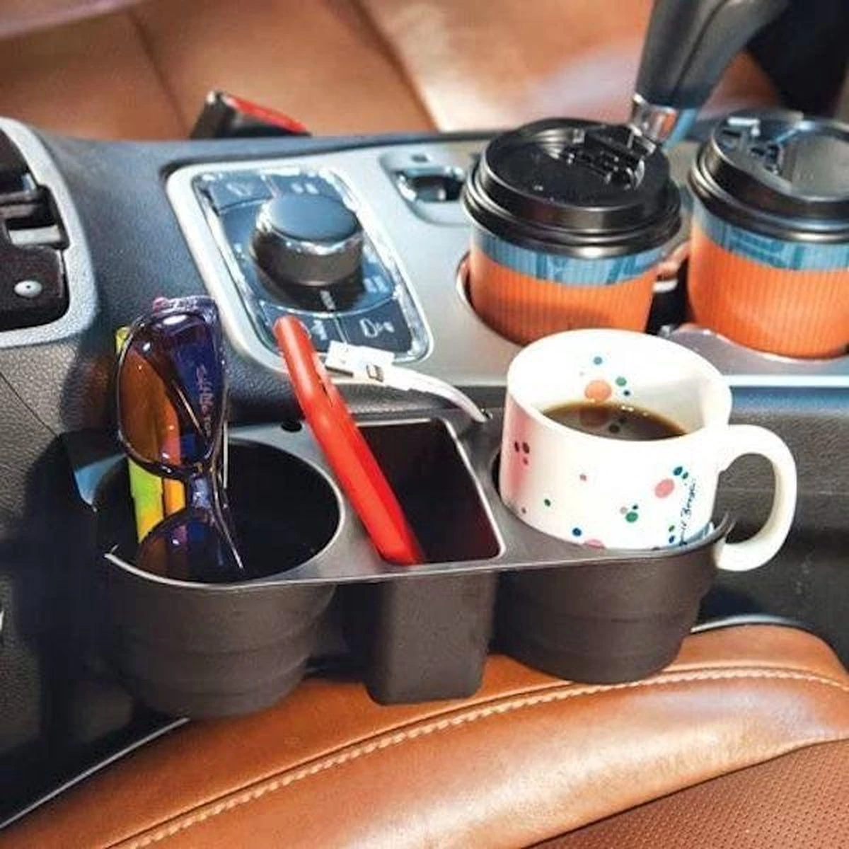 Merkloos Decopatent® Autostoel Organizer - Voor Tussen Auto Stoel / Console - Bekerhouder & Telefoonhouder - Opbergvakken - Auto Organiser - Afbeelding 9